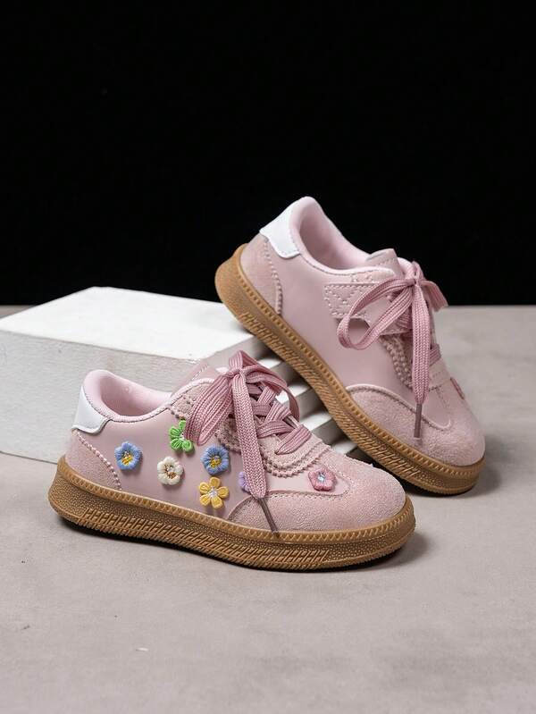 4-Season Kids Dopamine Flower Decor Pink Sneakers, Toddler Breathable Soft Bottom Lightweight Casual Shoes, Girls Versatile, Fashionable & Comfortable Flat Shoes, Infant Training & First Walking Shoes