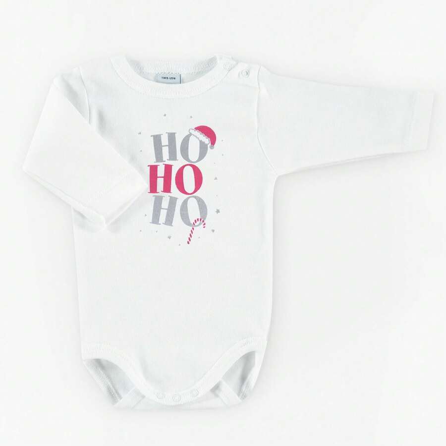 BABIDU Body Bebé de Natal Manga Longa 100% Algodão, Especial Minha Primeira Natal, Design Natalício Original e Suave, Ideal para Oferecer, Roupas Bebé Unisex - FRASE HO HO HO - Ver 1