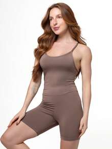 Slim Zero Transparency Fitness Jumpsuit With Straps And Lined Gym Crossfit Jumpsuit 048 - màu nâu - Xem 3