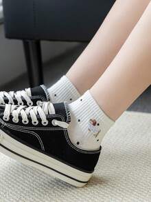 3 Pairs Women Black, White & Gray Combination Ankle Socks, Cute Dachshund Embroidery, Ribbed Design, Breathable Knit Fabric, Minimalist & Cute Style, Suitable For Home, Commute, Dating, Holiday Gift