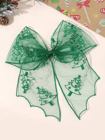1pc Christmas Mesh Hair Bow For Girls Christmas Tree Embroidered Bow Hair Clips Christmas Green Mesh Bow Alligator Clips New Year Party Hairpins Cute Barrettes Gift Teens Hair Accessories