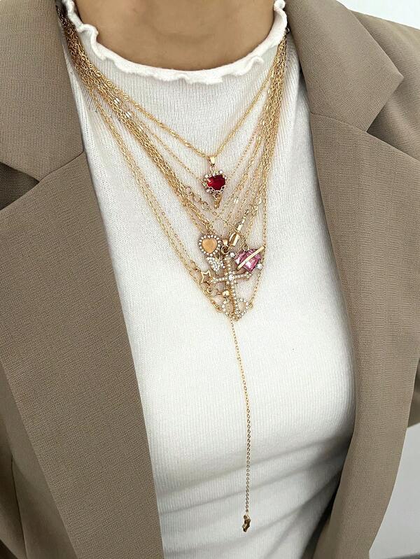 8 Peças Conjunto de Joias Vintage Elegante e Requintado: Colar Pingente em Formato de Coração, Strass, Cruz, Flor, Estrela, Oco, Borla, Y, Adequado para Feriados, Festas, Encontros, Presentes, Uso Diário