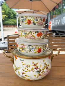 1pc/3pcs High-Temperature Resistant Enamel Coated Soup Pot With Dual Handles, Thick & Large Capacity For Boiling And Stewing, Suitable For Gas Or Electric Stove, Floral And Bird Design, Perfect For Home And Restaurant Kitchen, Holiday Party Gift