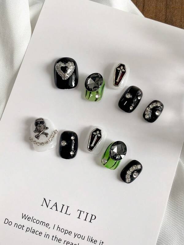 Uñas postizas desmontables de estilo corto, de alta gama, con diseño de ojo de gato oscuro, dulce y fresco, de color verde fluorescente, para un look lindo y llevadero