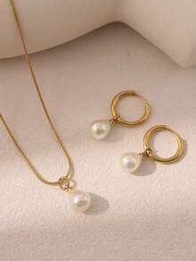 1 Set Necklace + Earrings Jewelry Set For Women, Elegant & Fashionable Faux Pearl Teardrop Pendant Necklace, Minimalist Everyday Jewelry, Gift For Girlfriend Or Mother On Holidays/Birthday