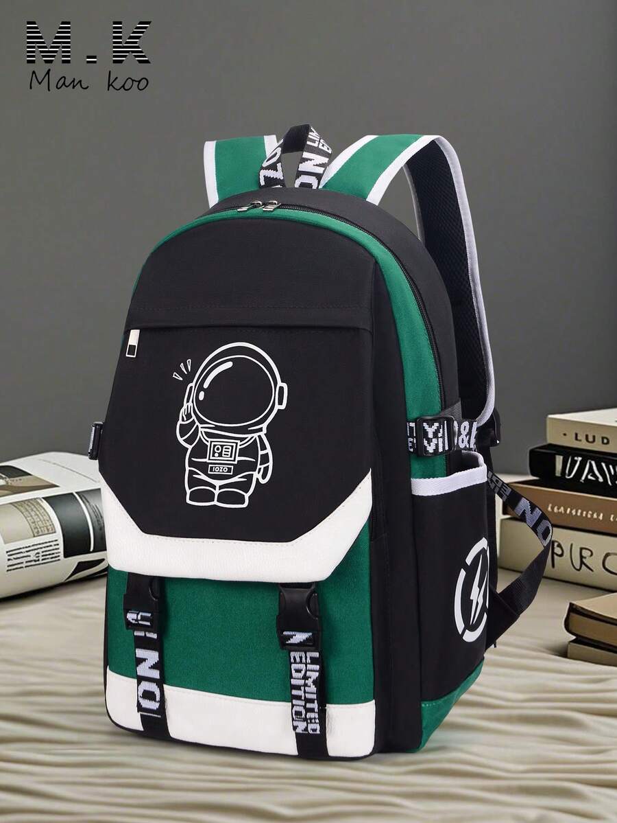 Men's Night Fluorescent Backpack, Astronaut Pattern, Fits 15.6" Laptop, Color Block Minimalist Water-Resistant Large Capacity Lightweight Durable Fashion Travel School Bag, Back To School Backpack (All Webbing Prints And Letters Random) - Multicolor - View 1
