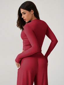 NcmRyu 1 Set de Top de manga larga y pantalones de unicolor con cordón, pierna recta y ajuste relajado para mujer, conjunto de entrenamiento primaveral - Rojo - Ver 9