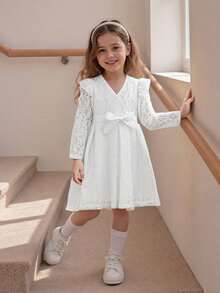Toddler Dress Girls Ruffle Long Sleeve Layered Tulle Dress Fall Spring Fashion Party Dresses 3-10T, Kids Holiday Birthday Wedding Outfit - 白色 - 查看 3