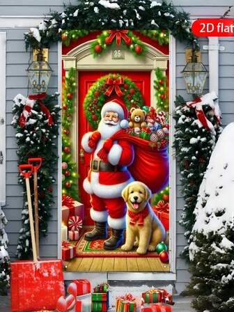1pc Christmas Decorations Santa Claus And Puppy Themed Door Curtain, Suitable As A Photography Background For Home Decoration, Can Be Used In Living Room/Bedroom/Office/Party Decoration, Birthday Backdrop To Enhance Happiness, Winter Christmas Themed Backdrop