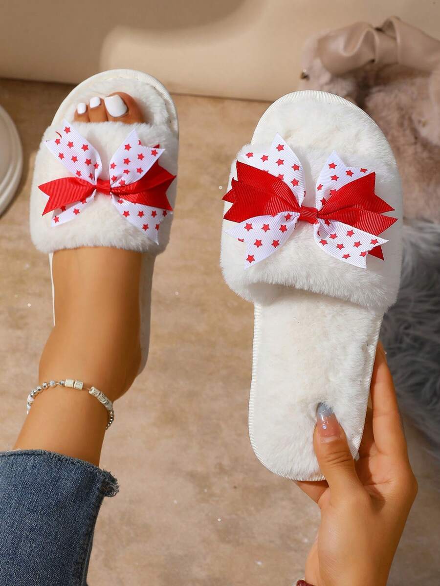 1 Pair Cute Bow Plush Lined White Ladies' House Slippers, Comfortable For Indoor Wear In Autumn/Winter