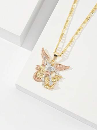 1 件防过敏铜镶嵌锆石时尚信仰手绘三色天使吊坠项链，适合圣诞节/感恩节/万圣节/母亲节/情人节礼物，适合情侣/朋友/教父母、天主教初次圣餐、日常和节日穿着