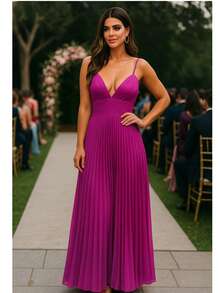 Long Pleated Dress With Straps For Parties And Weddings - 玫瑰紅 - 查看 1