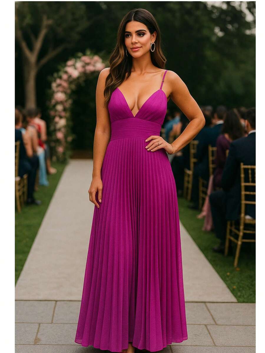 Long Pleated Dress With Straps For Parties And Weddings - 玫瑰紅 - 查看 1