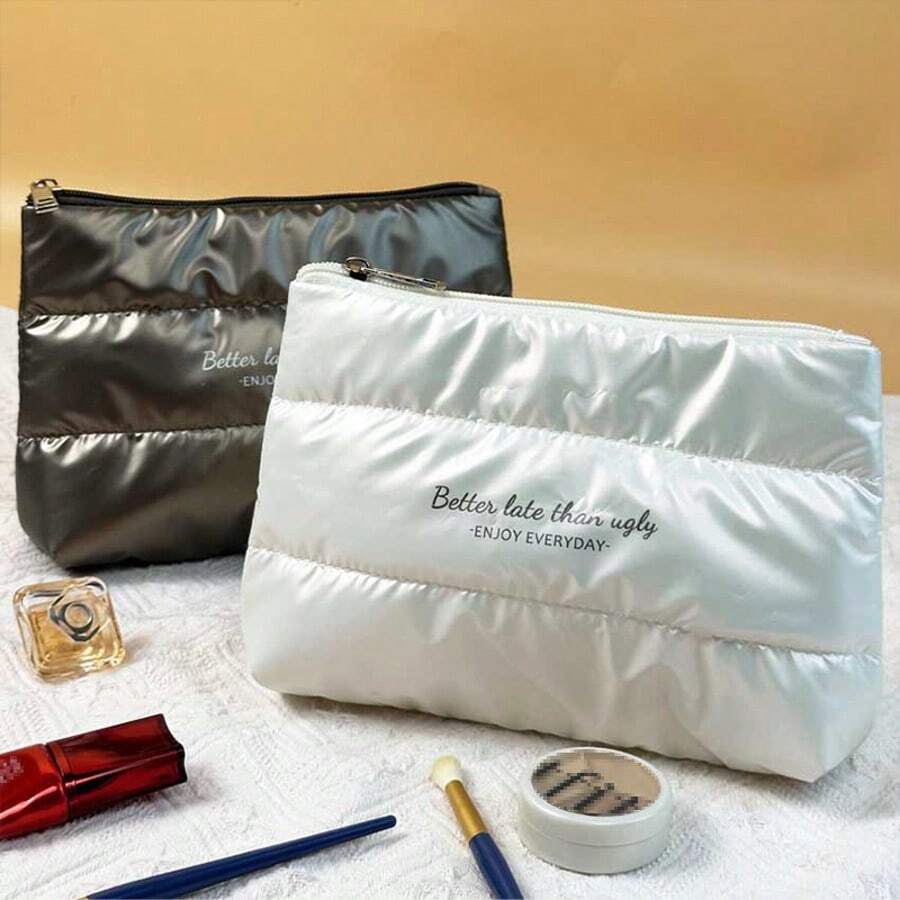 Bolsa de maquillaje de plumas de plumón de moda, organizador de cosméticos portátil para viajes, bolsa de tocador de gran capacidad, bolsa de maquillaje, bolsa de cosméticos, bolsa de lavado, artículos esenciales para viajes, artículos esenciales para cruceros, artículos esenciales para vacaciones para hombres y mujeres