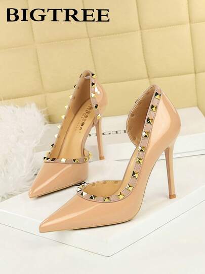 Sexy Pointed Toe High Heel Shoes For Women, Rivet Decor Side Cutout Glossy Patent Leather Super High Heels, Suitable For Nightclub, Party,Stilettos Heels