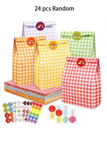 24个/12个/6个/1个彩色格纹牛皮纸袋，可爱小礼品包装纸袋，用于收纳整理，清新风牛皮纸格纹袋，用于糖果包装和送礼，彩色格纹生日礼物，韩式方形底牛皮纸野餐收纳袋，烘焙糖果包装袋，生日礼品袋