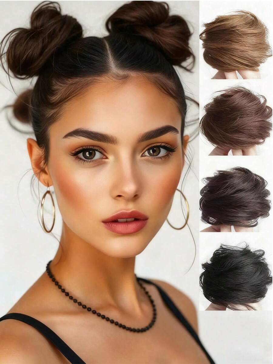 优雅凌乱发髻发饰，波浪形弹力发圈甜甜圈发髻发饰，优雅发髻，带弹力发圈蓬松盘发发饰，优雅发髻，黑棕色多功能发圈，发绳，马尾辫发圈 - 彩色 - 查看 1