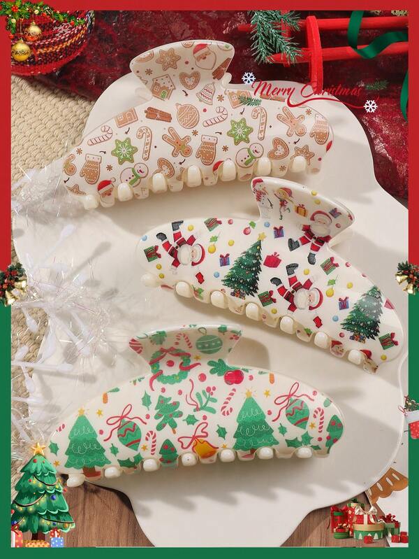 3pcs/Set Christmas Party Series Christmas Tree, Gingerbread Man, Candy Cane, Santa Claus Print Semi-Circular Hair Clips, Festive Holiday Hair Accessories Claw Clips Winter Hair Claw