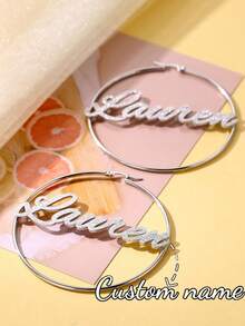 Personalized 80mm Bamboo Knot Name Hoop Earrings, Stainless Steel Custom Name Star Earrings, Jewelry Gift For Women, Christmas - Gold-ordinary Sandblasted Earrings - View 4