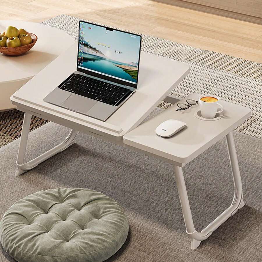 Folding Laptop Stand With Cup Holder, Portable Desk With 5-Level Adjustable Foldable Stand For Eating Writing Gaming Work Sofa - 白色 - 查看 1