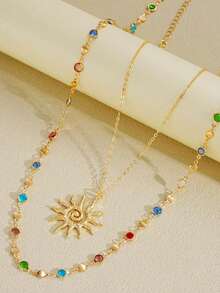مجموعة قلادة للنساء، موضة عتيقة أنيقة، قلادة ذات طبقتين بتصميم زهرة عباد الشمس المرصعة بالكريستال عالي الجودة، هدية عيد ميلاد أو ذكرى للحبيبة