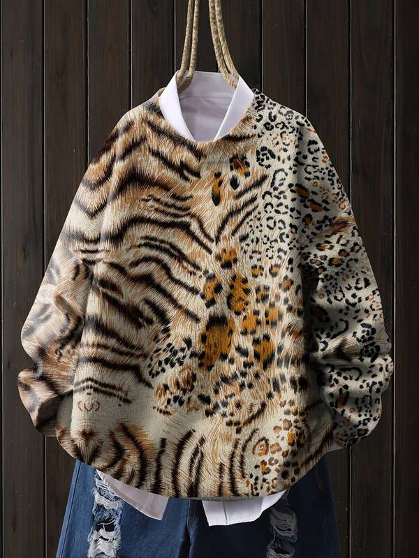 Women's Lightweight Creative Print Sweater - Multicolor Leopard Print, Casual Crew Neck Long Sleeve Top, Suitable For All Seasons, Layered Design, Vibrant Color Blend