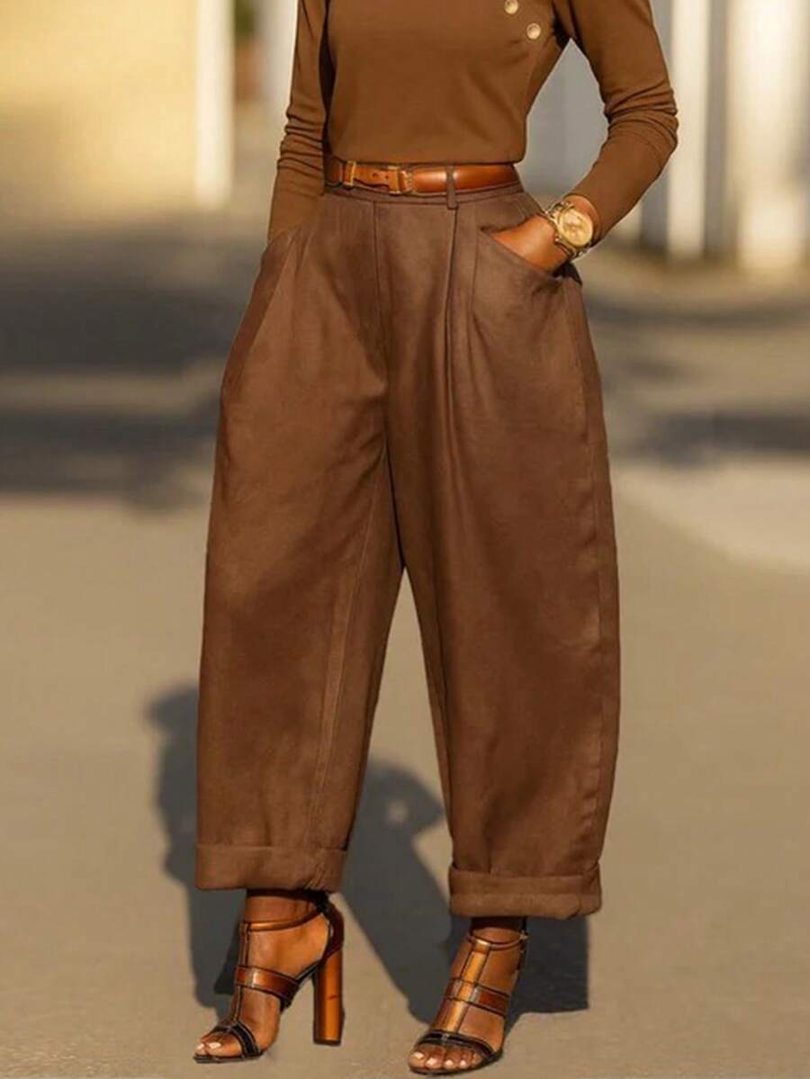 女士复古休闲纯色褶裥锥形裤，春夏款 - 棕色 - 查看 1