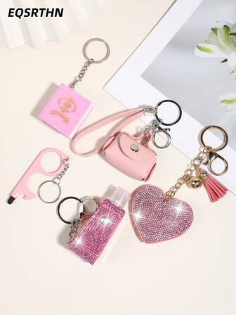 Set de 5 llaveros rosas: Mini llavero de libro, botella de perfume con rhinestones en forma de corazón, abridor de puerta antibacteriano, decoración colgante de moda en caja de regalo, excelente para mujeres y mejores amigas
