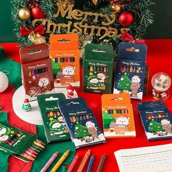 5/10盒卡通圣诞系列8色蜡笔套装，适合学生美术绘画涂色，圣诞蜡笔款式随机