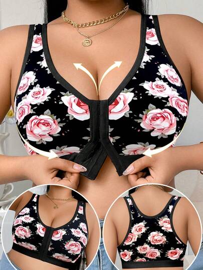 Plus Size Women's Wireless Bra, Breathable Non-Slip Front Closure Lift & Support, Adjustable Straps, Seamless For Daily Wear