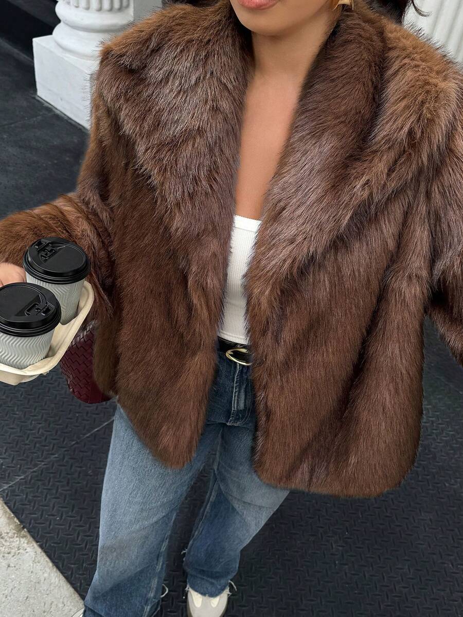 Cappotto di pelliccia con ampio bavero di grandi dimensioni Doriss, adatto per l'inverno, con bottoni, casual elegante, per donna, adatto per Capodanno, feste eleganti, Ringraziamento - Marrone - Visualizzare 1
