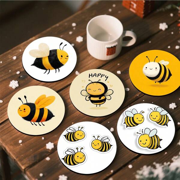 4 pièces /6 pièces /300 pièces Dessous de verre en boue de diatomées imprimés avec motif de dessin animé d'abeille, conviennent pour la décoration de la maison, les cafés, le thé de l'après-midi, la décoration de restaurant, les fêtes à thème, la décoration quotidienne, et peuvent également être offerts en cadeau