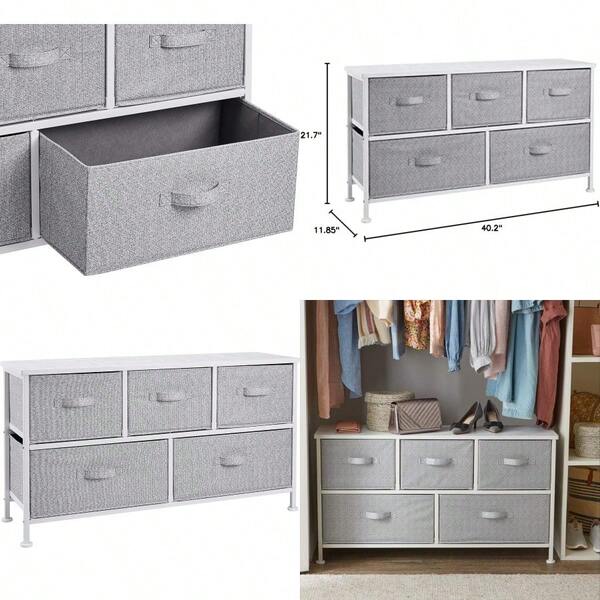 Extra Wide Sturdy Fabric 5-Drawer Storage Organizer Unit For Closet White