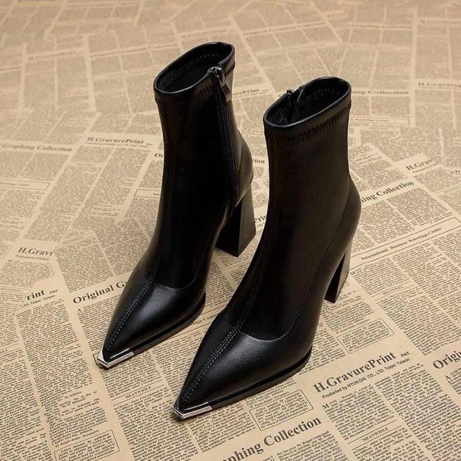 Women's Pointed Toe Mid-Calf Boots, New Autumn/Winter 2025 Collection, Side Zipper, Chunky Heel, Fashion & Versatile Ankle Boots - Black - View 1