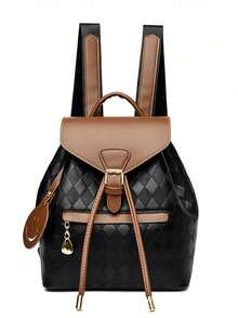 1pc PU Rhombus Pattern Drawstring Flap Women's Fashion Backpack, Suitable For Daily, Travel, Holiday Gift, Commuting - Multicolor - View 5