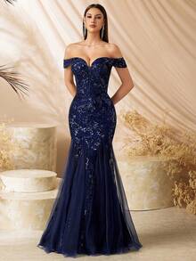 优雅单肩珠绣高腰拼接长裙，露背系带设计，适合舞会、生日派对、晚宴、约会、返校节、婚礼、正式晚宴、家庭聚会等场合。 - 藏蓝色 - 查看 7