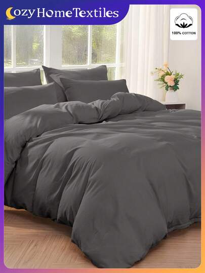 2/3pcs Solid Color Duvet Cover Set, 100% Cotton Bedding Set, Soft & Breathable, Skin-Friendly, Pill-Resistant, Fashionable Home Textile, Room Decor, Deep Gray Duvet Cover Set, Includes Duvet Cover And Pillow Sham(S), Excludes Comforter, Suitable For All Seasons, Machine Washable, Applicable For Bed, Wedding, Bedroom, Autumn Decor, Bedroom Decor, Home Goods.
