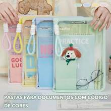 Pasta grande A4 à prova d'água com bolso transparente para documentos, clipe e cordão incluídos - Rosa chiclete - Visão 2