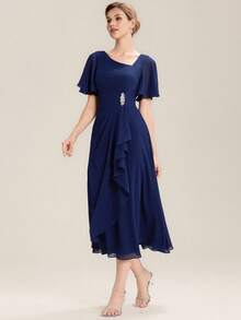 EVERPRETTY Navy Blue Chiffon Bridesmaid Dress With Diamond Decor, Soft Asymmetrical Ruffle Hem, Suitable For Wedding, Formal Dinner - Navy Blue - View 4