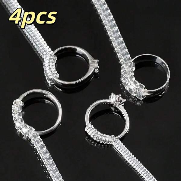 Un ensemble de 4 ajusteurs d'anneaux de 4 tailles différentes, convenant aux bagues lâches, protecteurs d'anneaux en silicone transparent, convenant aux femmes et aux hommes. Ajusteurs d'anneaux vous permettant de régler les bagues sans en changer la taille.