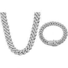 2 PCS Cuban Link Chain Iced Out Miami Cuban Necklace Bracelet Bling Hop Jewelry Men Women - 銀色 - 查看 1