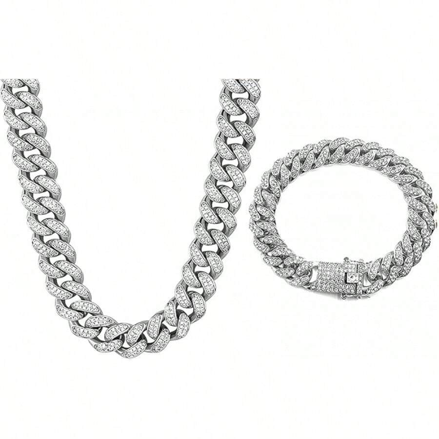 2 PCS Cuban Link Chain Iced Out Miami Cuban Necklace Bracelet Bling Hop Jewelry Men Women - 銀色 - 查看 1