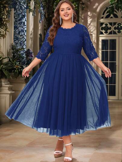 Vestido formal elegante de unicolor de malla para mujer de talla grande para madre de la novia, invitada de boda, con cuello redondo y dobladillo de encaje hasta el tobillo, para primavera, otoño e invierno