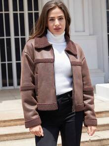 Abrigo de piel sintética para mujer Nueva chaqueta de cuero de gamuza para mujer, a la moda, versátil, cálida con forro, casual y a prueba de viento - Café integral - Ver 1