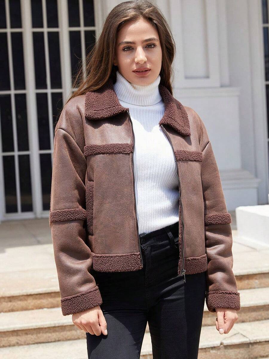 Abrigo de piel sintética para mujer Nueva chaqueta de cuero de gamuza para mujer, a la moda, versátil, cálida con forro, casual y a prueba de viento - Café integral - Ver 1