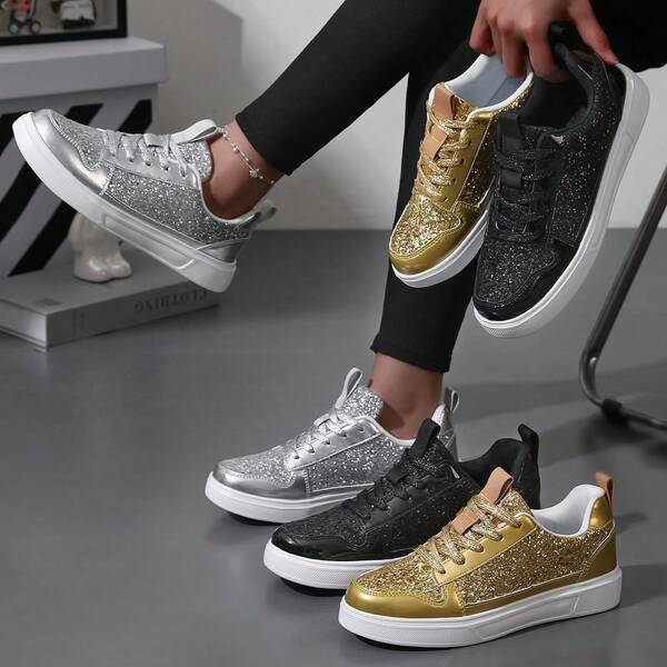 2025 New Sequin Sneakers, Fashion Versatile EVA Soft-Soled Lightweight Sports Shoes, Comfortable Women's All-Match Walking Shoes, Latest Cushioning Sneakers, PU Sparkling Upper Breathable Lace-Up Shoes.Halloween | Christmas Exclusive Shoes