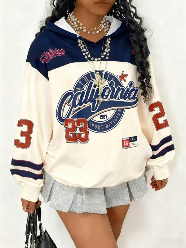 Sudadera con capucha de estilo casual y deportivo, de corte holgado y silueta esbelta, con letras inglesas digitales en el pecho, en contraste de color, adecuada para viajes, reuniones con amigos, fiestas, compras, fotografía callejera, deportes, baile, fitness y uso diario