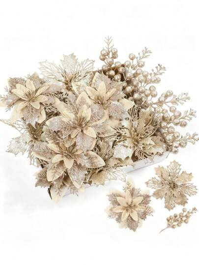 35PCS Champagne Christmas Poinsettia Artificial Flowers & Glitter Berries Stems Kit With Clips And Stems - Elegant Golden & Sliver Holiday Decor For Xmas, Home, Wedding, And Tree Ornaments, Plastic, Christmas Decorations