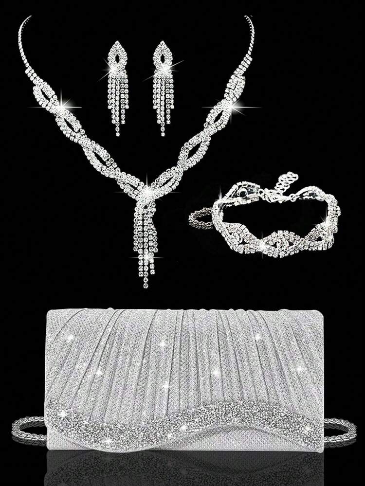Sparkling Women's Clutch, New Rhinestone Evening Bag, Women's Party Bag, Luxury Envelope Bag, Bridal Wedding Bag, With Sparkling Rhinestone Jewelry Three Pieces Set, Suitable For Parties, Dinners, Gatherings, Dances, Weddings - Silver - View 11
