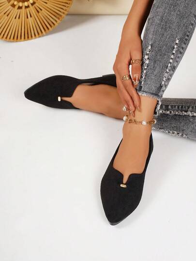 宽版尖头低跟一脚蹬休闲平底鞋，春秋季，舒适日常户外穿着，特大码 36-44